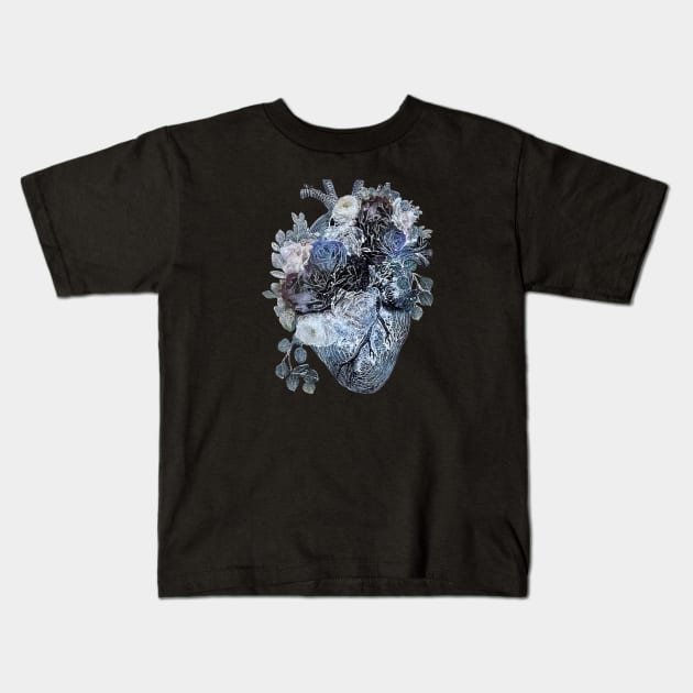 Human heart with blue and white roses, blue navy color Kids T-Shirt by Collagedream